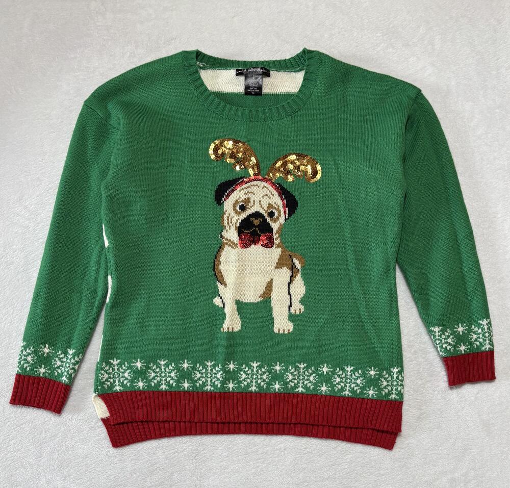 United States Sweaters Sweater Womens XL Green Bulldog Ugly Christmas Sequin